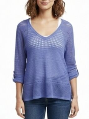 Talbots Womens Large Blue Knit Tunic Sweater Split Neck 3/4 Sleeve